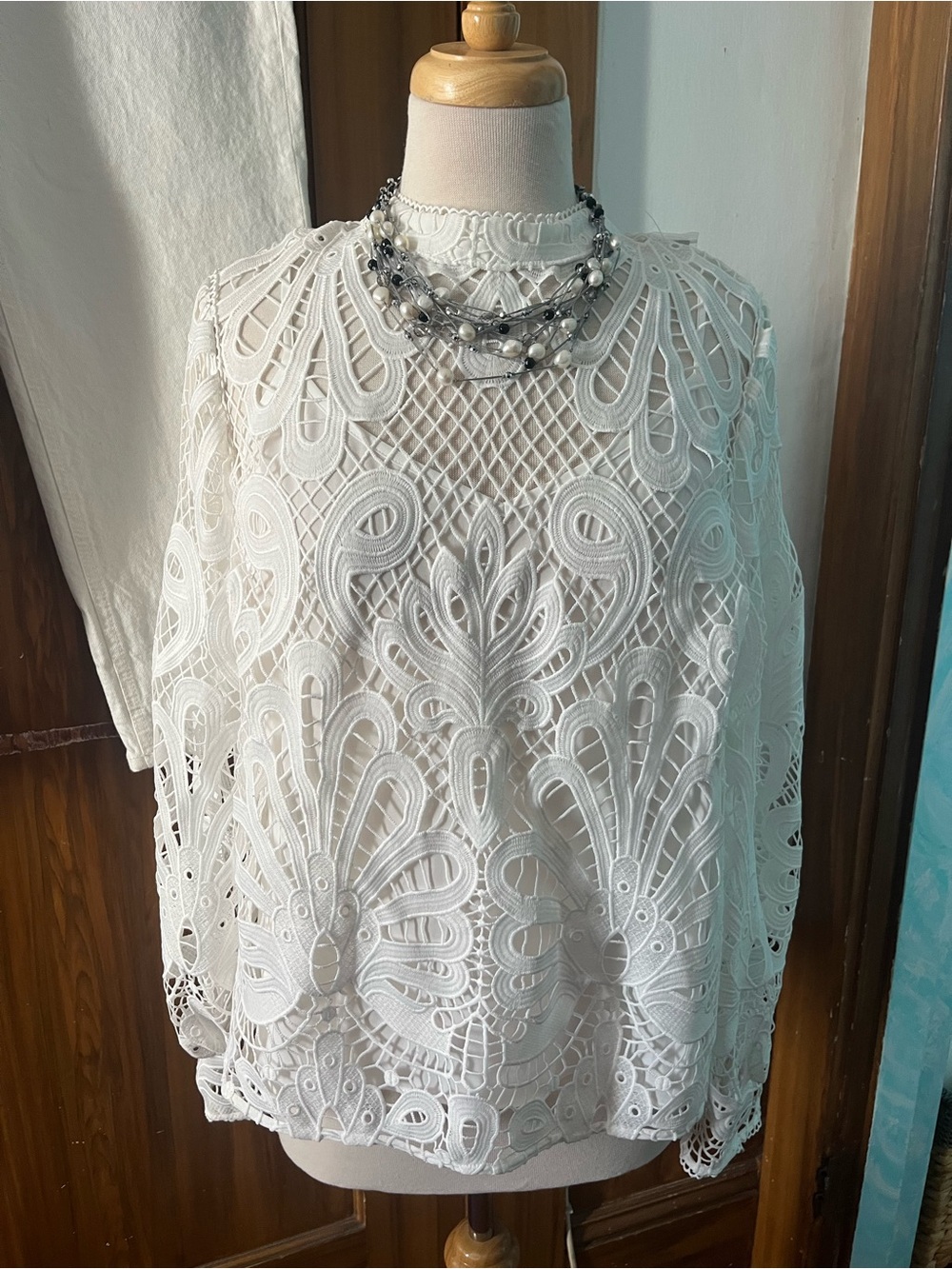 White House Black Market White Lace Crochet Mock-Neck Blouse